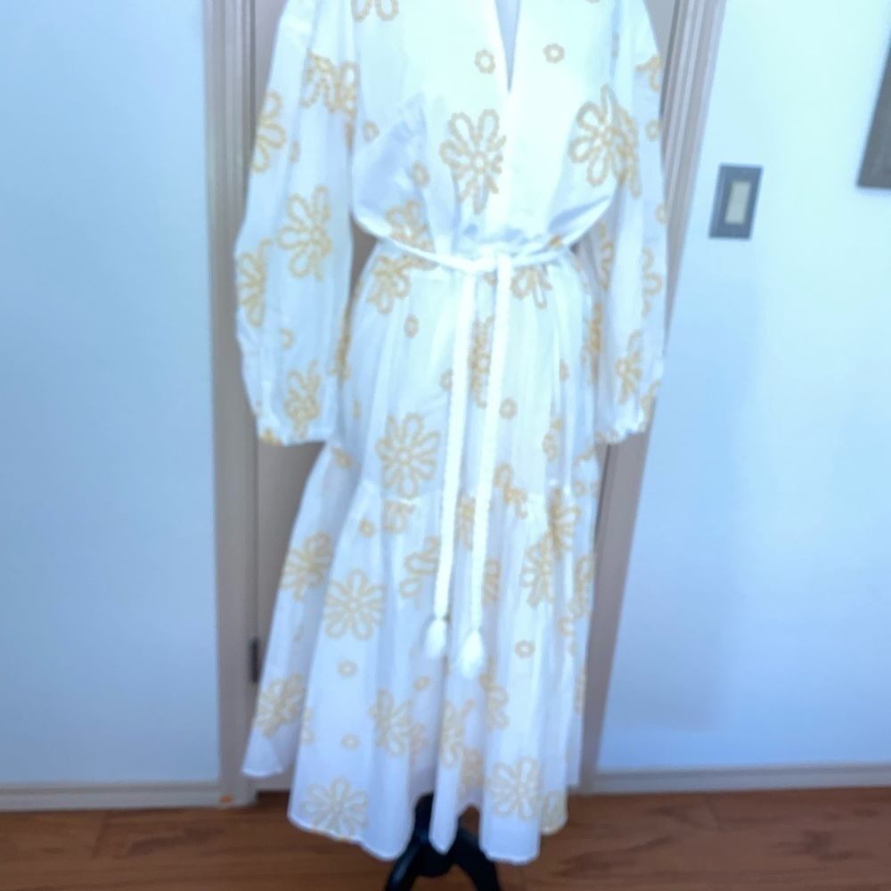 Alexis White Yellow Cottage Core Embroidered Eyelet Midi‎ Dress Women's Large - Picture 11 of 13